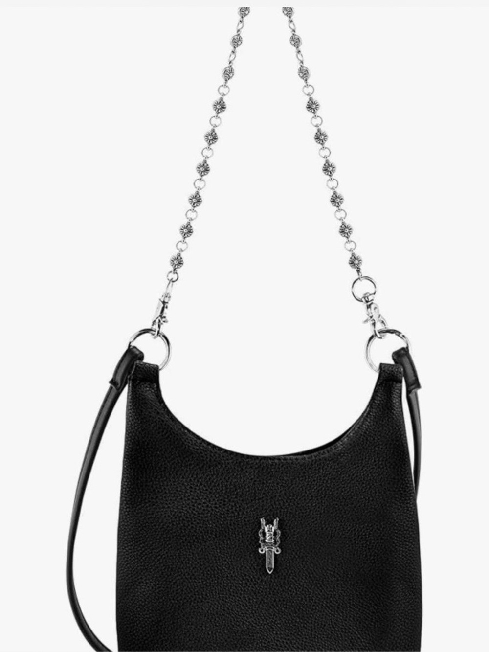 Black leather Women's Shoulder Bag with Silver Chain Strap